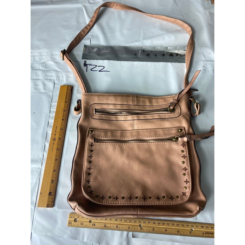 Light Pink Faux Leather Crossbody Bag Floral‎ Lined Zip Pockets Adjustable Strap